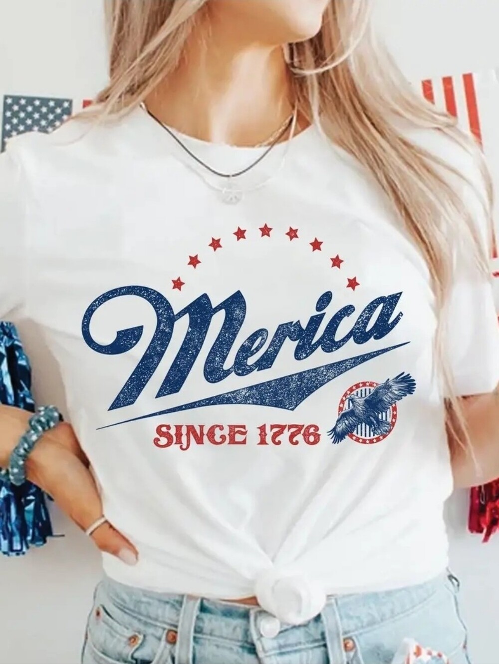 Merica Since 1776 Graphic Tee - White with Red & Blue